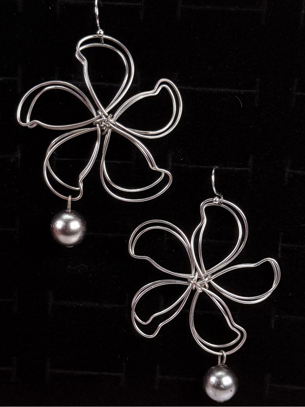 Vintage Abstract Wire Flower Dangle Earrings Silver Tone Statement Boho Floral